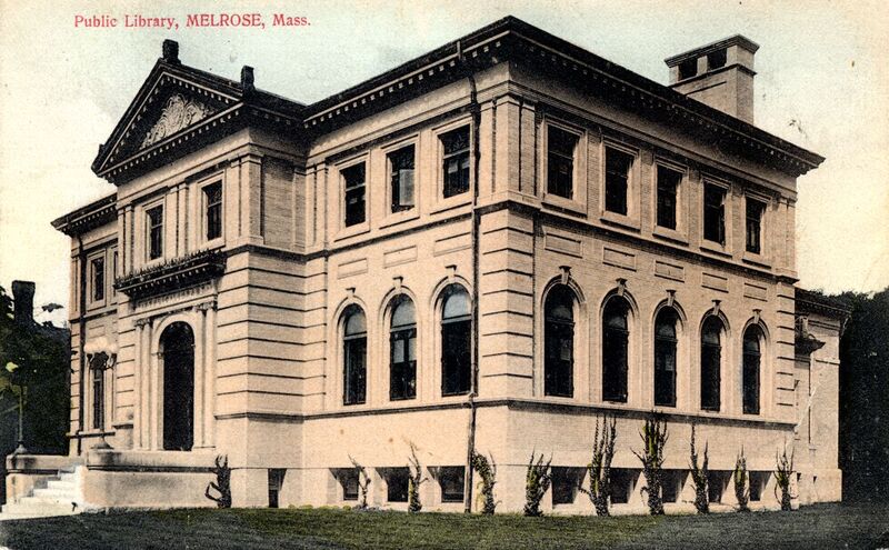 A tinted postcard of the new library building seen from the corner