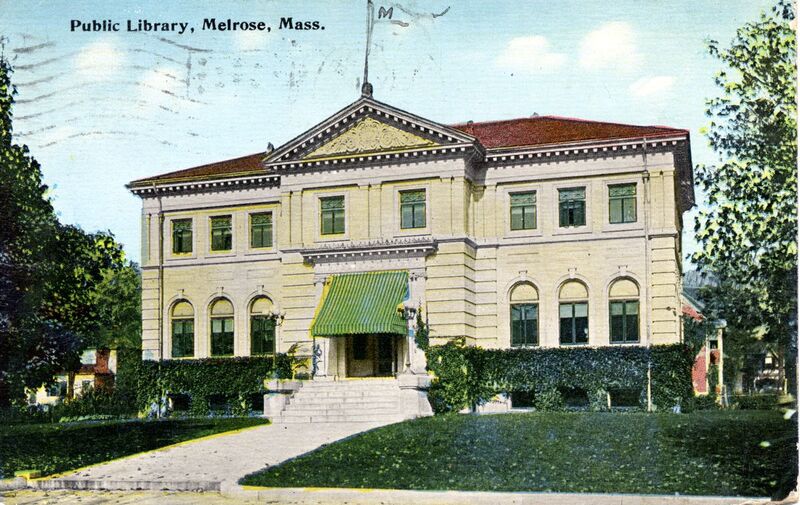A color postcard of the Melrose Public Library, with a green awning over the front entrance and a wide front lawn